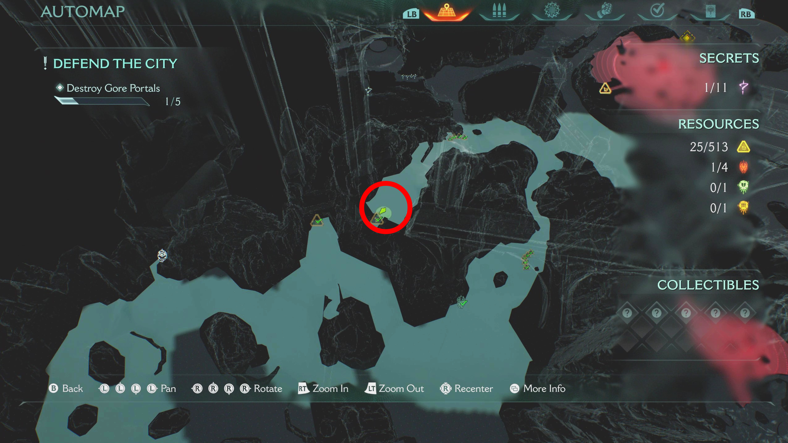 Doom: The Dark Ages artillery cannon locations Siege Part 1 - A map showing the location of the first artillery unit, close to two gore portals.