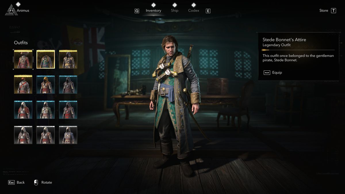 Black Flag outfits: Stede Bonnet's Attire viewed in the menu.