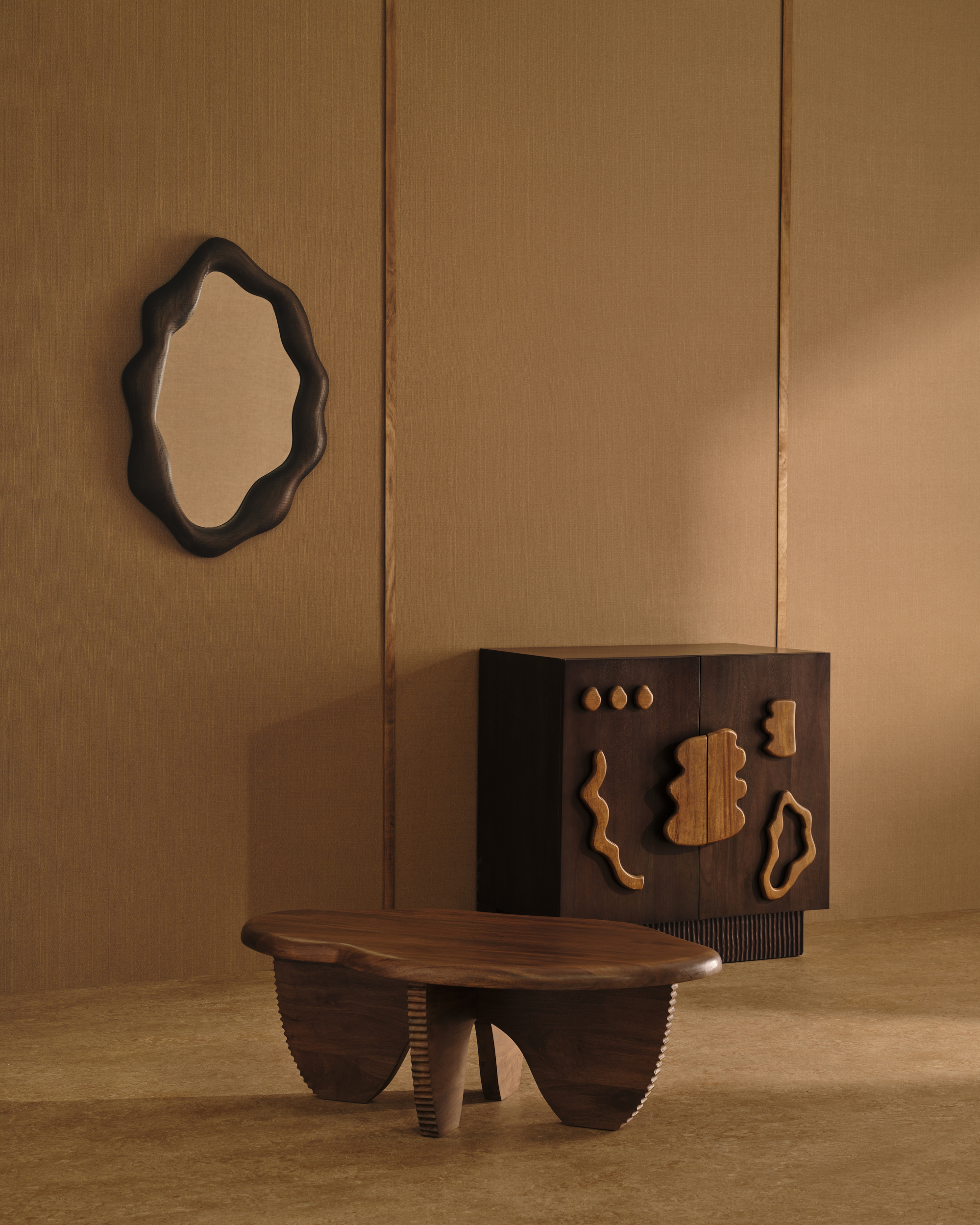 Image of an all-beige room with three different pieces of abstract wooden furniture.