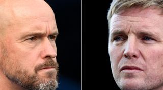 FILE PHOTO (EDITORS NOTE: COMPOSITE OF IMAGES - Image numbers 1429634712, 1390415478) In this composite image a comparison has been made between Erik ten Hag, Manager of Manchester United (L) and Eddie Howe, Manager of Newcastle United. Manchester United and Newcastle United meet in the Carabao Cup Final on February 26,2023 at Wembley Stadium in London, England. ***LEFT IMAGE*** MANCHESTER, ENGLAND - OCTOBER 02: Erik ten Hag, Manager of Manchester United looks on ahead of the Premier League match between Manchester City and Manchester United at Etihad Stadium on October 02, 2022 in Manchester, England. (Photo by Laurence Griffiths/Getty Images) ***RIGHT IMAGE*** NEWCASTLE UPON TYNE, ENGLAND - APRIL 08: Eddie Howe, Manager of Newcastle United looks on during the Premier League match between Newcastle United and Wolverhampton Wanderers at St. James Park on April 08, 2022 in Newcastle upon Tyne, England. (Photo by Naomi Baker/Getty Images)