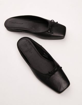 Topshop Bali Leather Square Toe Ballet Mules in Black