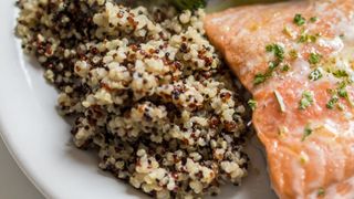 Quinoa with salmon on white plate