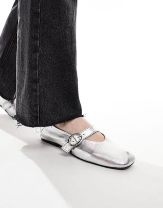 Asos Design Wide Fit Luxe Premium Leather Mary Jane Ballet Flats in Silver