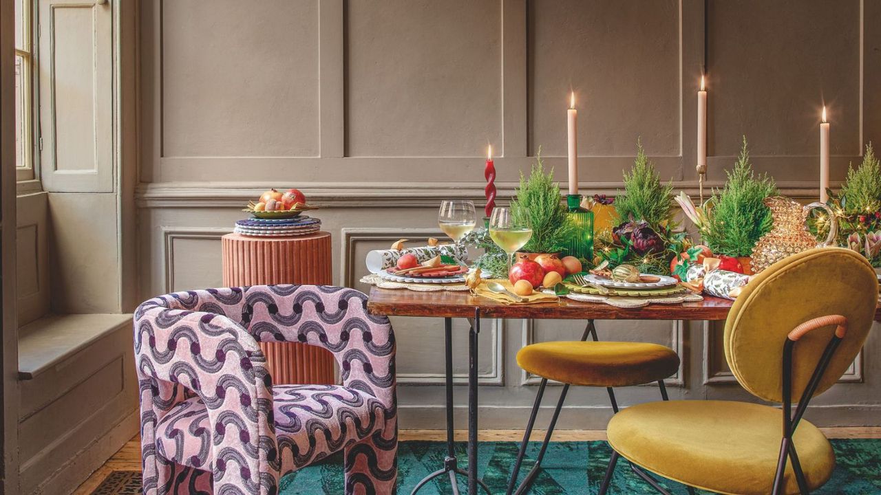 dining room set for a new year&#039;s eve dinner with decorative dining chair on left and yellow dining chairs on the right