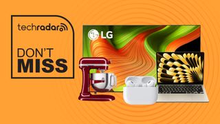 Assorted tech products on bright orange background with don't miss text overlay