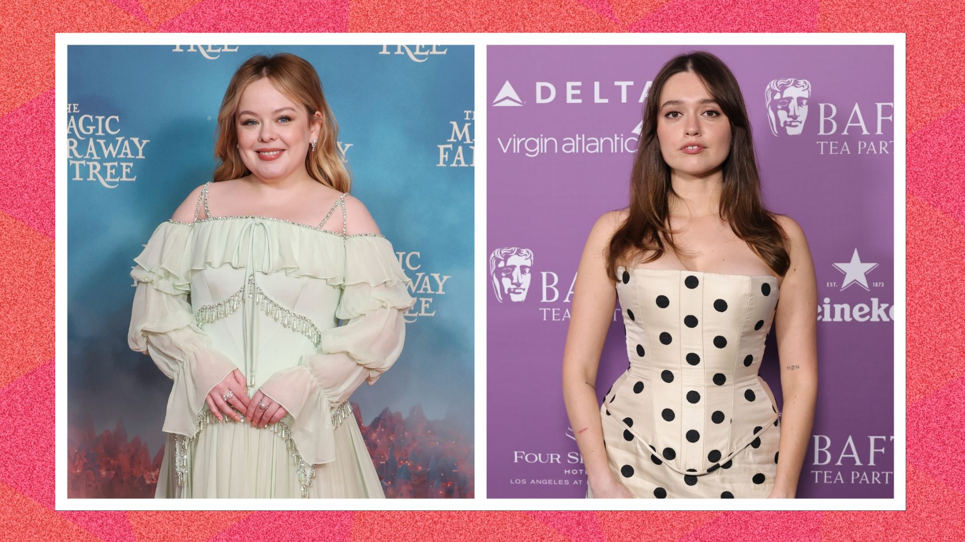 an image of Nicola Coughlan (L) and Aimee Lou Wood (R) on the red carpet for film premieres 
