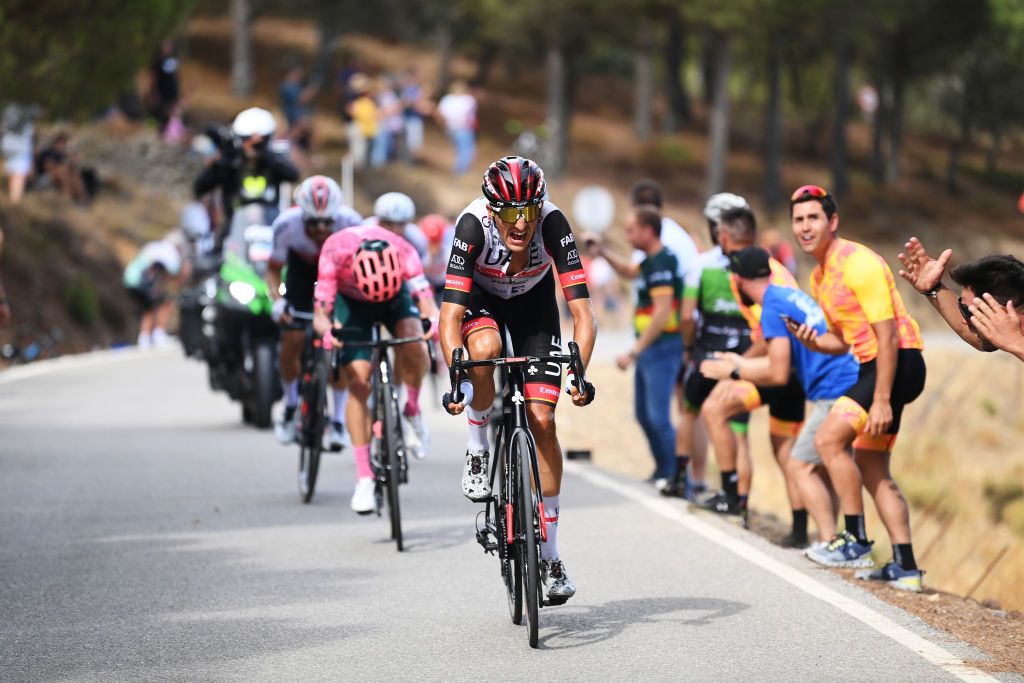 MONASTERIO DE TENTUDA SPAIN SEPTEMBER 07 Marc Soler Gimenez of Spain and UAE Team Emirates attacks in the breakaway during the 77th Tour of Spain 2022 Stage 17 a 1624km stage from Aracena to Monasterio de Tentuda 1095m LaVuelta22 WorldTour on September 07 2022 in Monasterio de Tentuda Spain Photo by Justin SetterfieldGetty Images