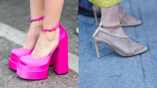 composite image of two women wearing heels with ankle-strap detailing