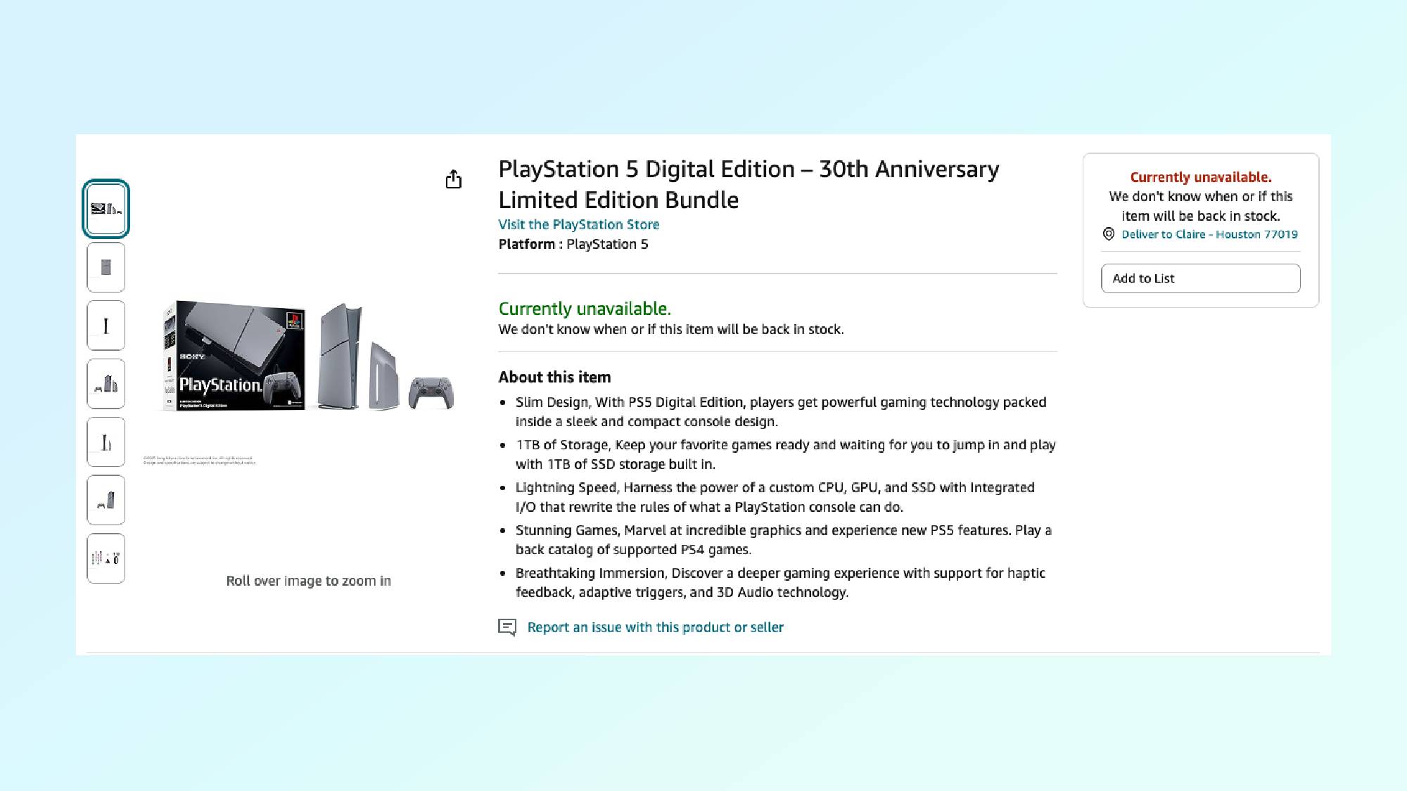 Amazon list page for the PS5 Slim 30th Anniversary Bundle