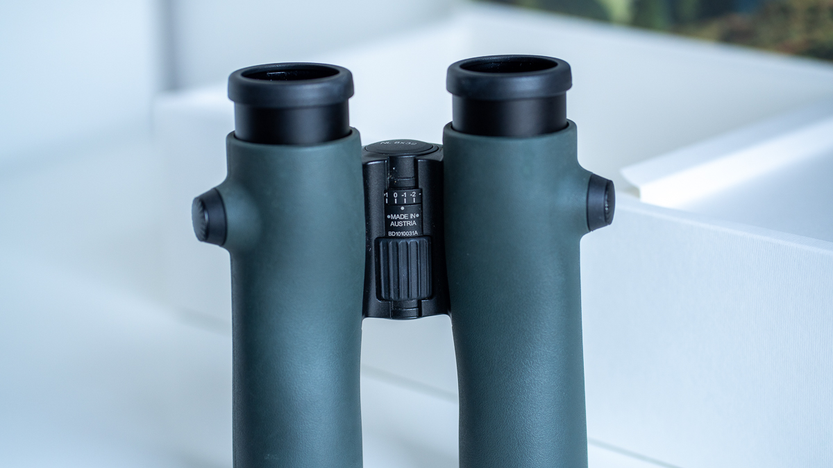 Swarovski NL Pure 8x32 binoculars on a white surface
