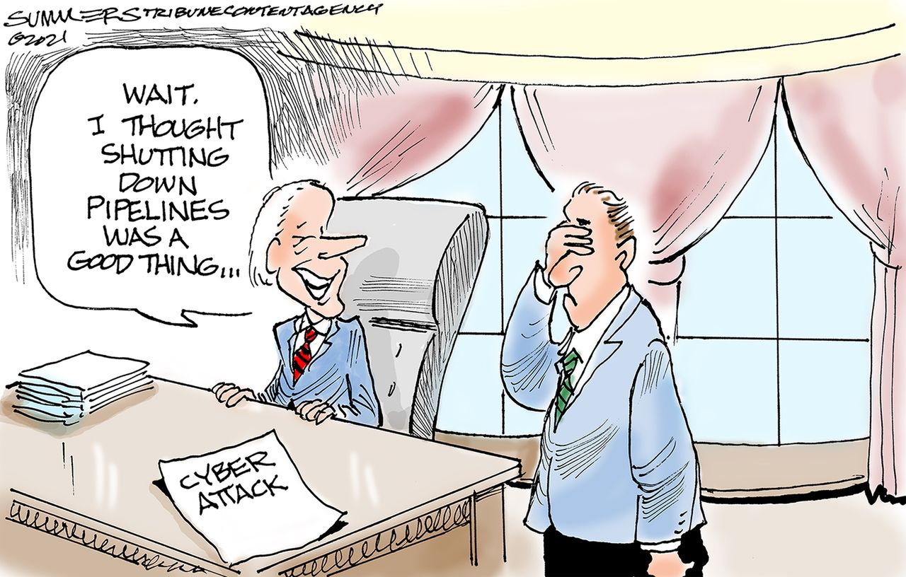 Political Cartoon U.S. cyber attack pipeline biden