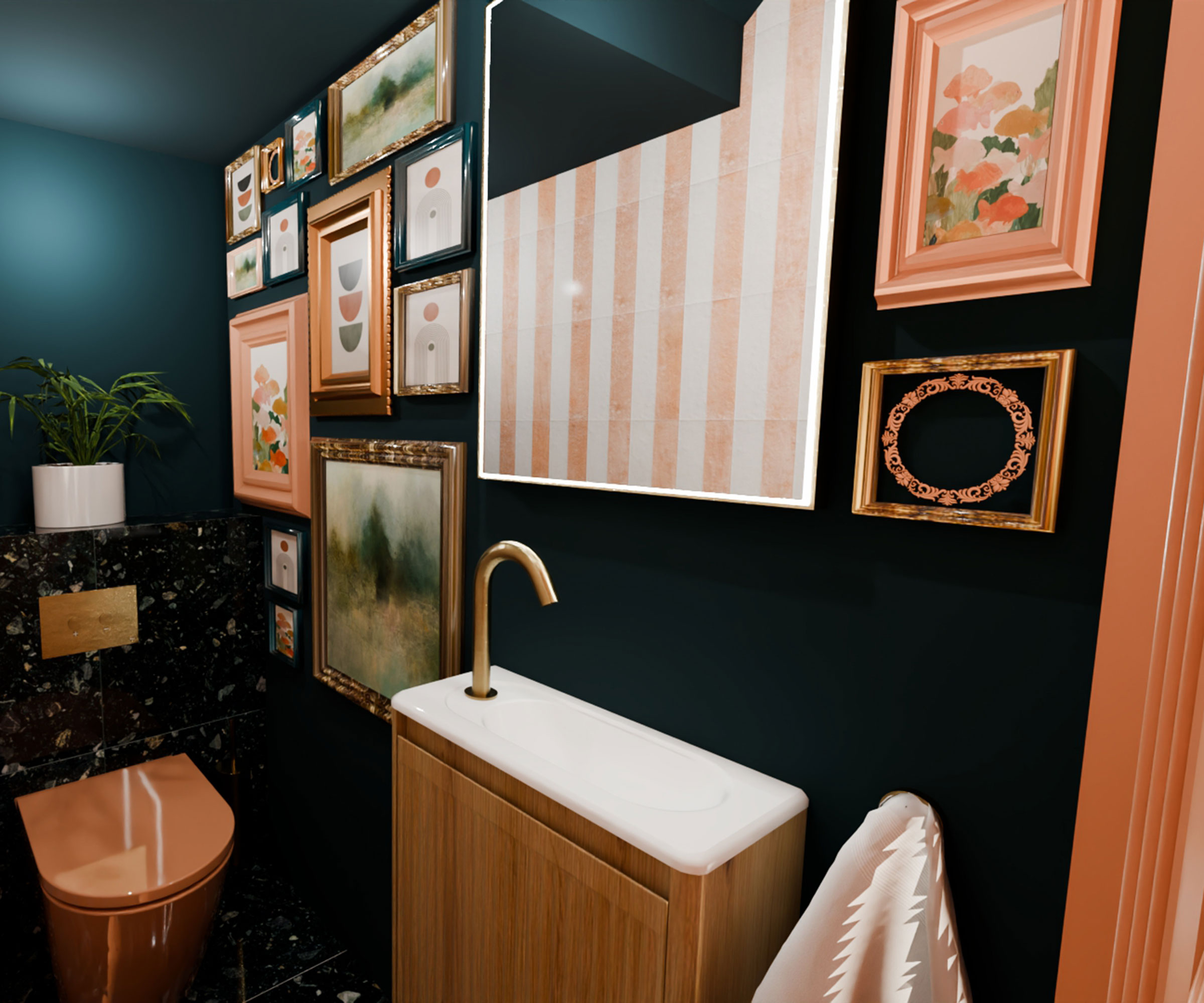 green and terracotta bathrooms in American Maximalism style