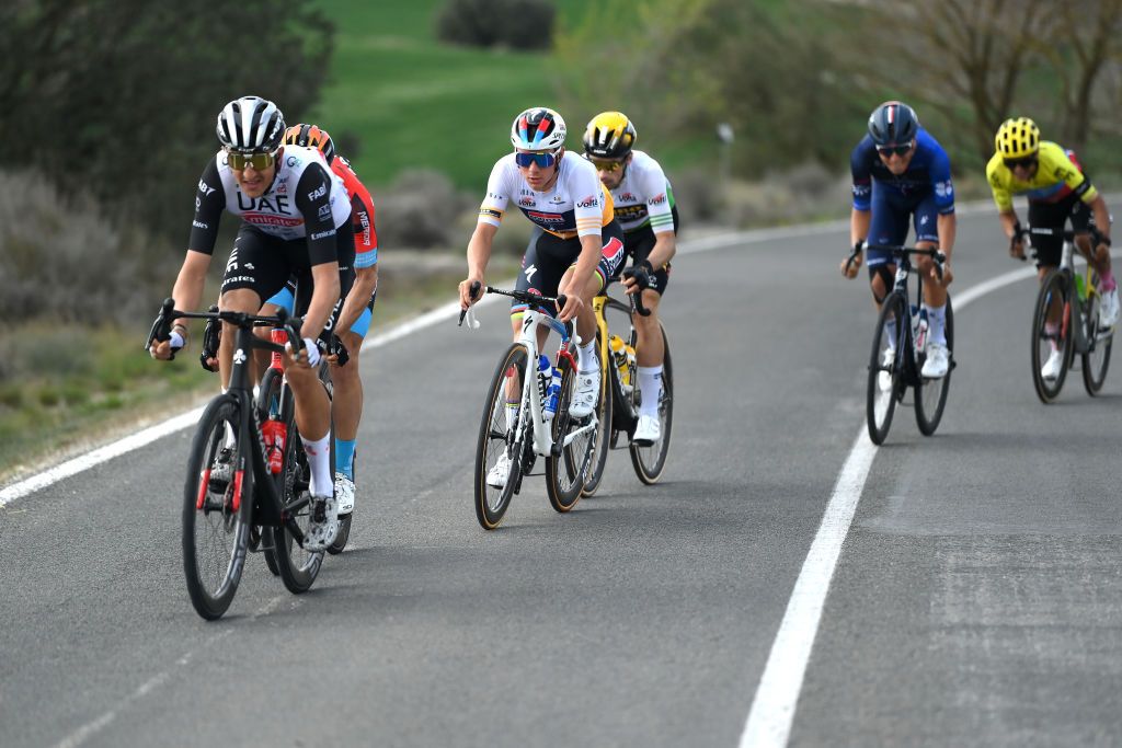 MOLINS DE REI SPAIN MARCH 25 LR Marc Soler of Spain and UAE Team Emirates Remco Evenepoel of Belgium and Team Soudal QuickStep Yellow Best Young Rider Jersey and Primoz Roglic of Slovenia and Team JumboVisma Green Leader Jersey attack during the 102nd Volta Ciclista a Catalunya 2023 Stage 6 a 1741km stage from Martorell to Molins de Rei UCIWT on March 25 2023 in Molins de Rey Spain Photo by David RamosGetty Images