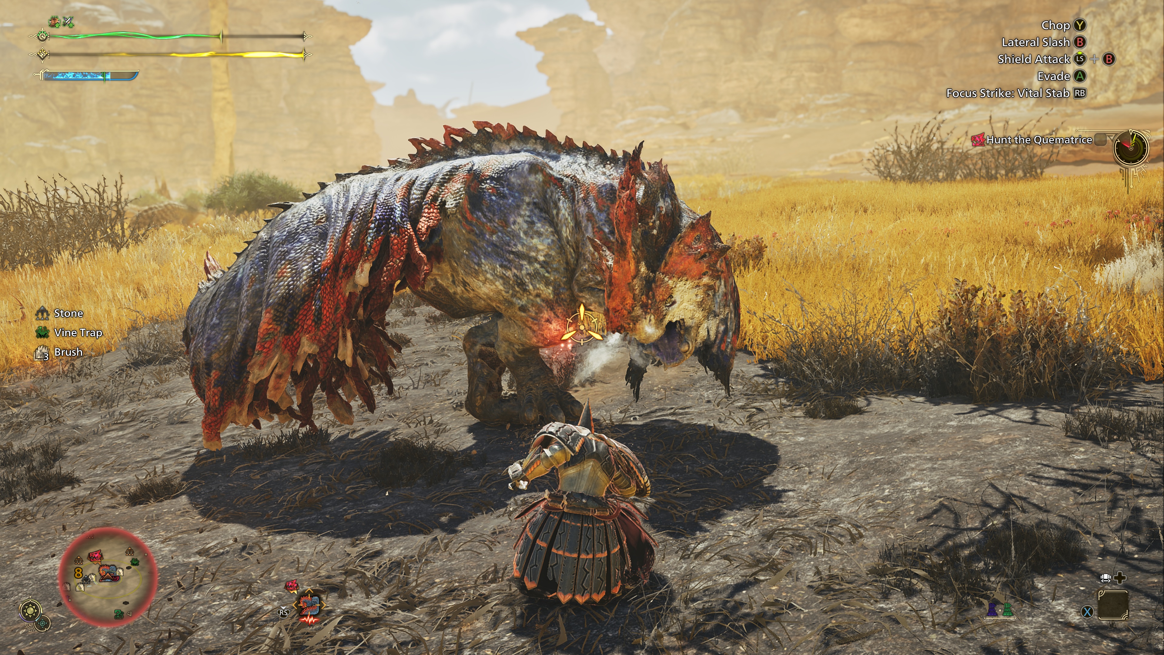 In-game screenshot of a player using Focus Mode in Monster Hunter Wilds