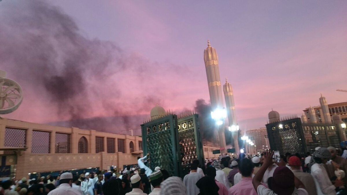 The scene outside of the Prophet&amp;#039;s Mosque in Medina, Saudi Arabia.