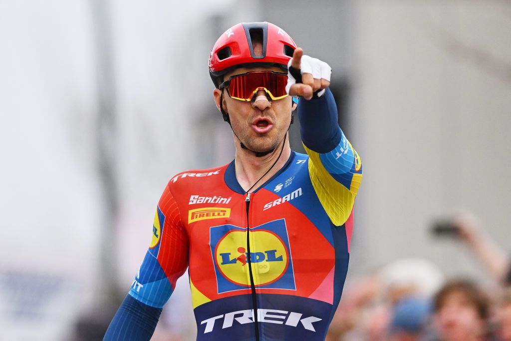 KOKSIJDE BELGIUM MARCH 21 Edward Theuns of Belgium and Team LidlTrek celebrates at finish line as race winner during the 23rd Bredene Koksijde Classic 2025 a 2009km one day race from Bredene to Koksijde on March 21 2025 in Koksijde Belgium Photo by Luc ClaessenGetty Images