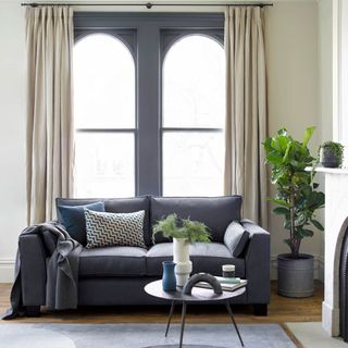 beige colored living room with a grey anthracite and grey curtains, decorated with plants and a grey sofa with pillows and a circle steel coffee table