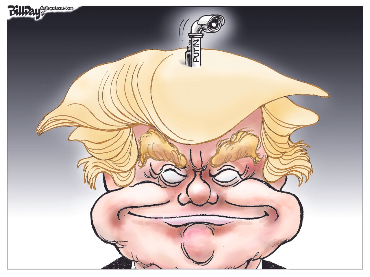 Political cartoon U.S. 2016 election Donald Trump hacked by Russia Vladimir Putin