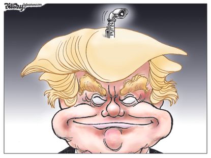 Political cartoon U.S. 2016 election Donald Trump hacked by Russia Vladimir Putin
