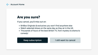 Screenshot of BritBox's pop-up window for cancelling