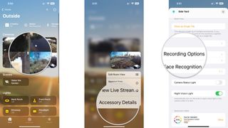 How to disable camera recording options in the Home app on the iPhone by showing steps: Tap and hold on the camera thumbnail, Tap Accessory Details, Tap Recording Options.