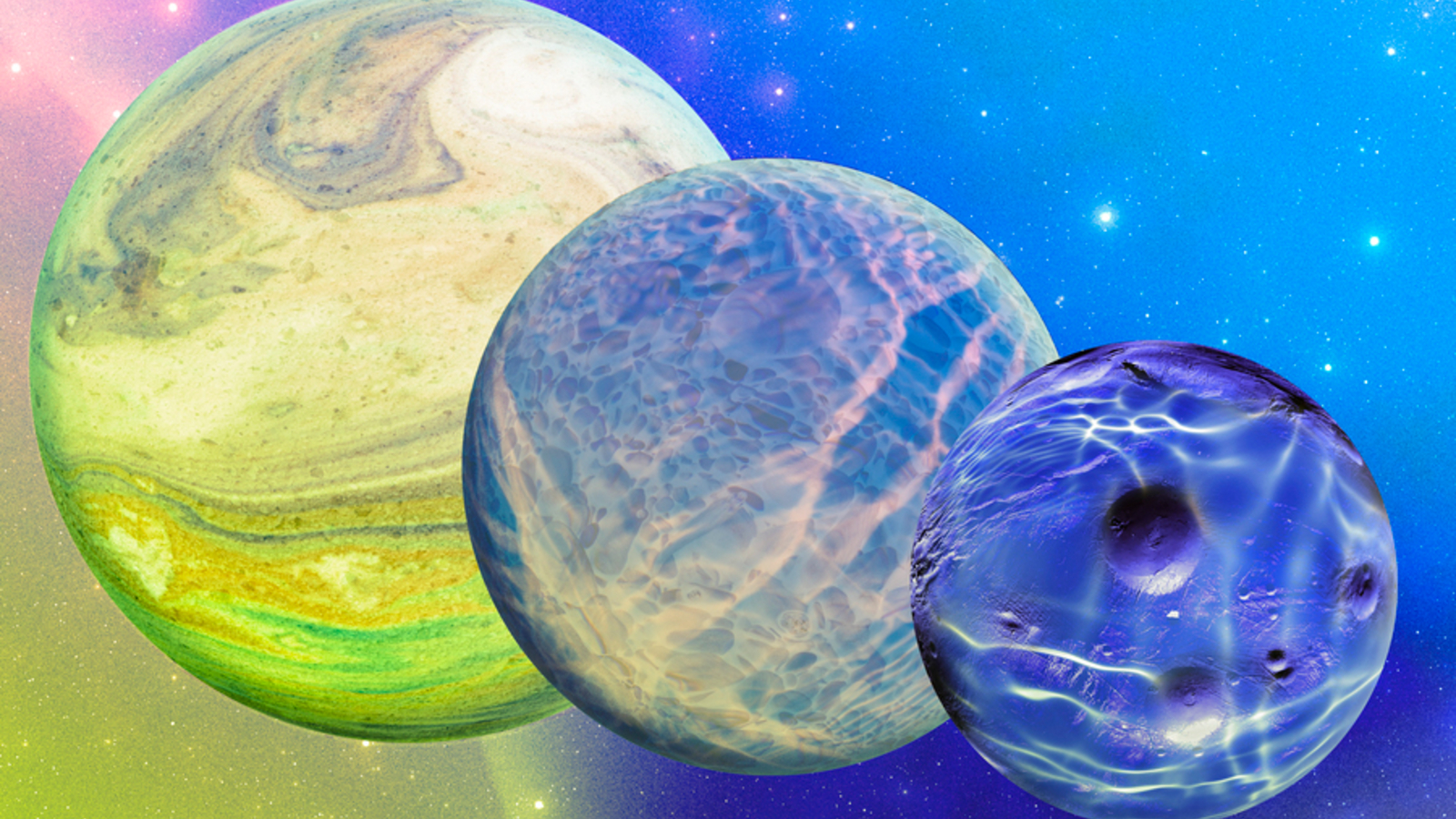 Three different size circles going from large to small from left to right, with the largest being marbled light green, the middle being a marbled blue-green and the right being a dark blue marbled with water drops.