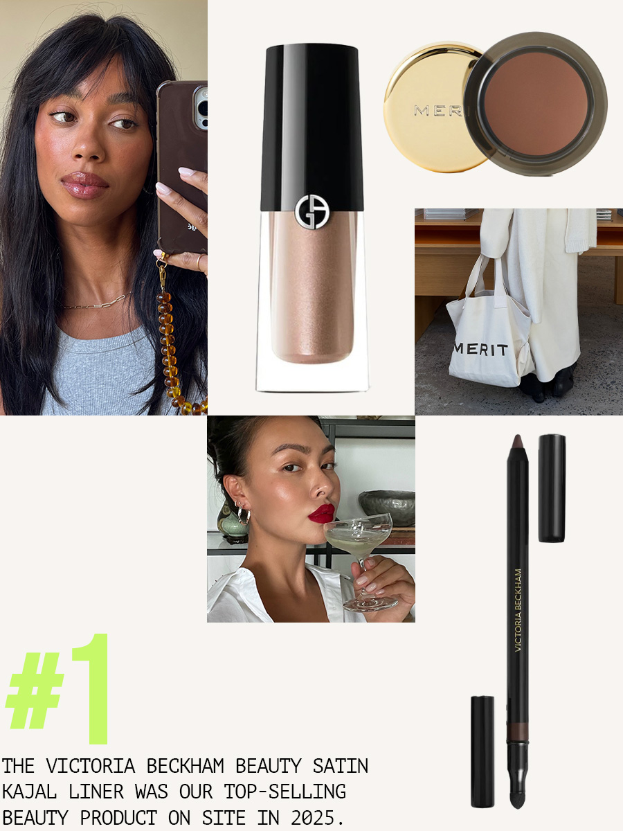 A collage of women wearing minimal eye makeup looks, a woman carrying a Merit tote bag and bestselling eye makeup products of 2025 alongside a quote fromBest Knockoff Luxury Clothing
 on the bestselling eye makeup product of 2025