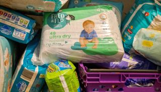 pile of nappies from a food bank