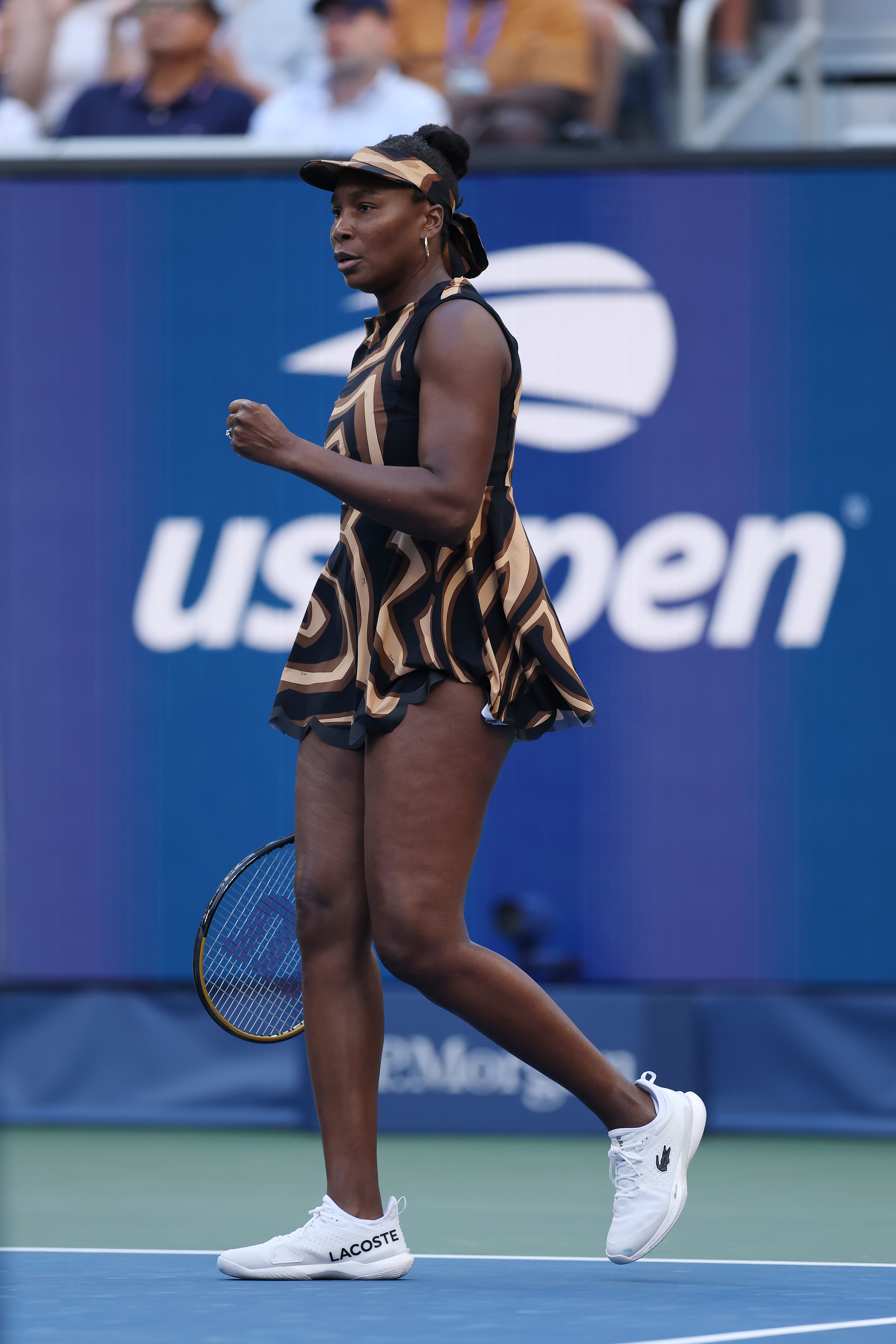 Venus Williams on the US Open court wearing a custom Pucci tennis dress