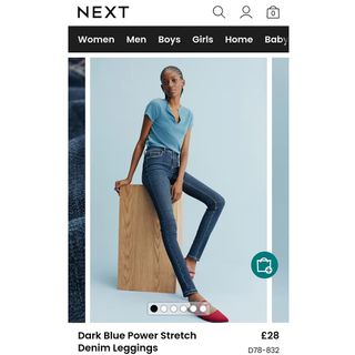 Next advert on website showing a very slim model wearing stretch denim leggings. The image was banned because it exaggerated who thin the model looks.