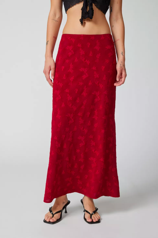 Red Color Trend 2023 | Urban Renewal Remnants Textured Floral Jacquard Column Maxi Skirt