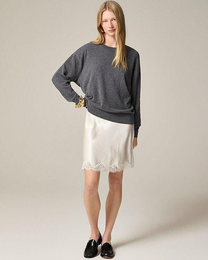 Gwen Lace-Trim Slip Skirt in Textured Satin