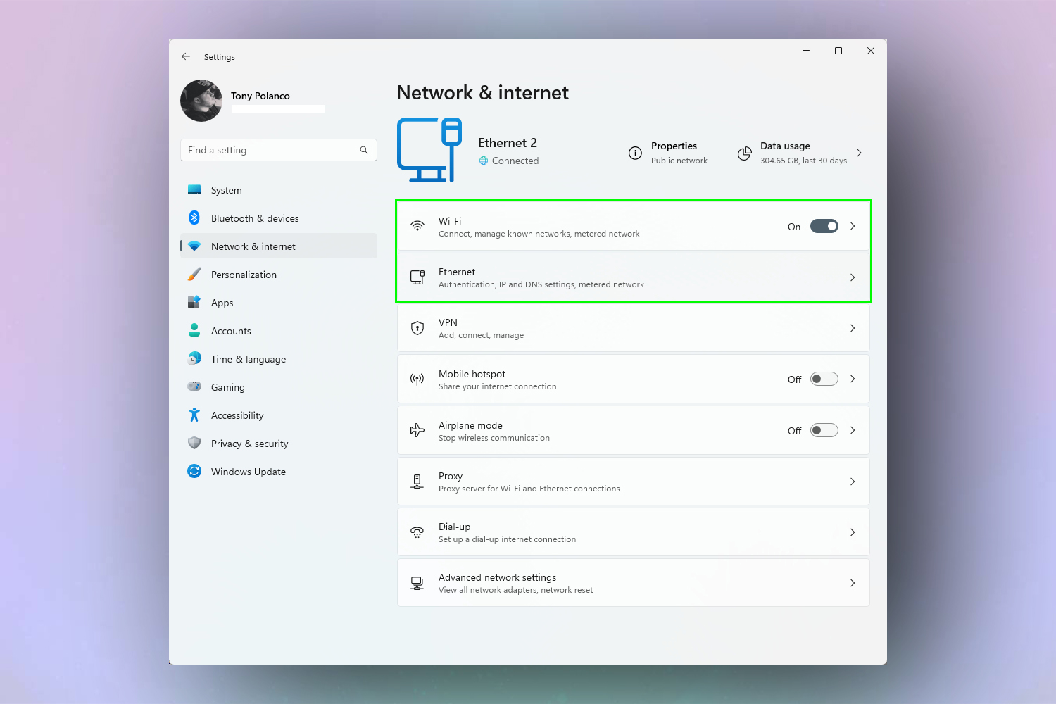 A screenshot showing the Windows Network & internet menu