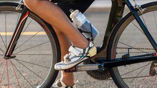 Close up view of cycling shoe in cleats