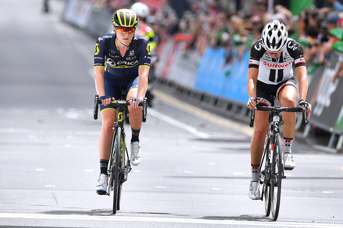Gracie Elvin arriving at the Ovo Energy Women's Tour stage 3 finish