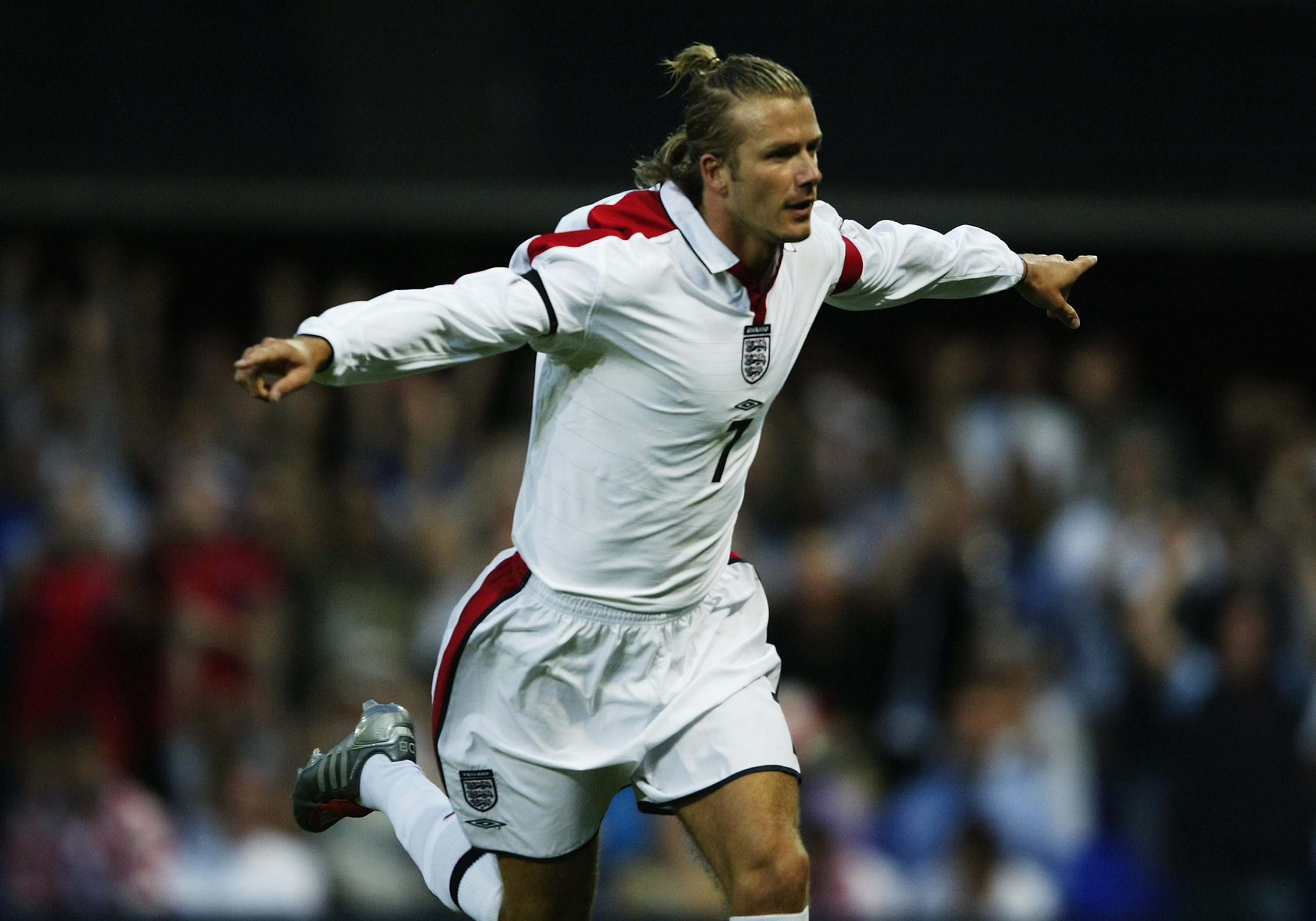 David Beckham celebrates after scoring a penalty for England against Croatia in a friendly in August 2003.