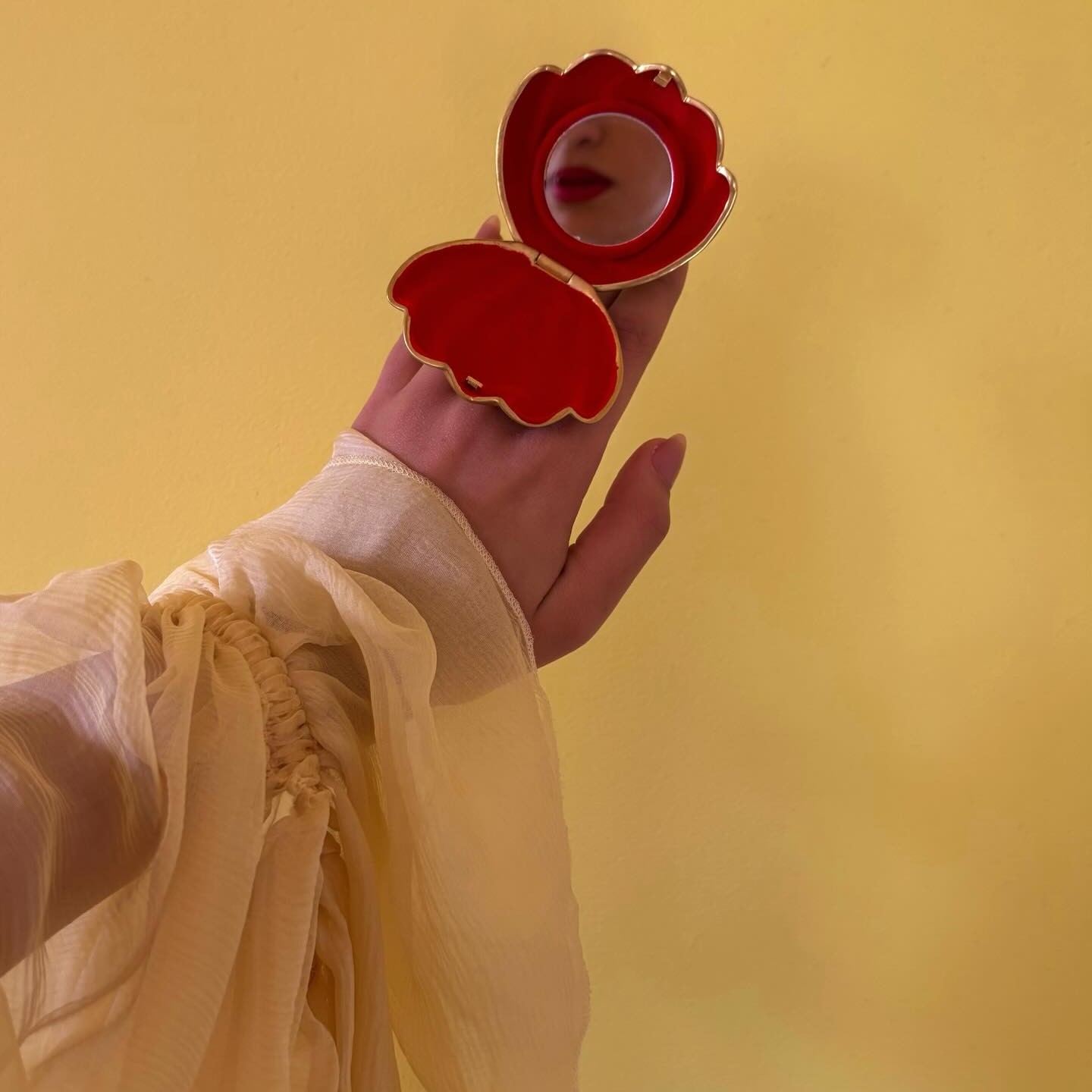 Photo of a woman looking into a compact mirror