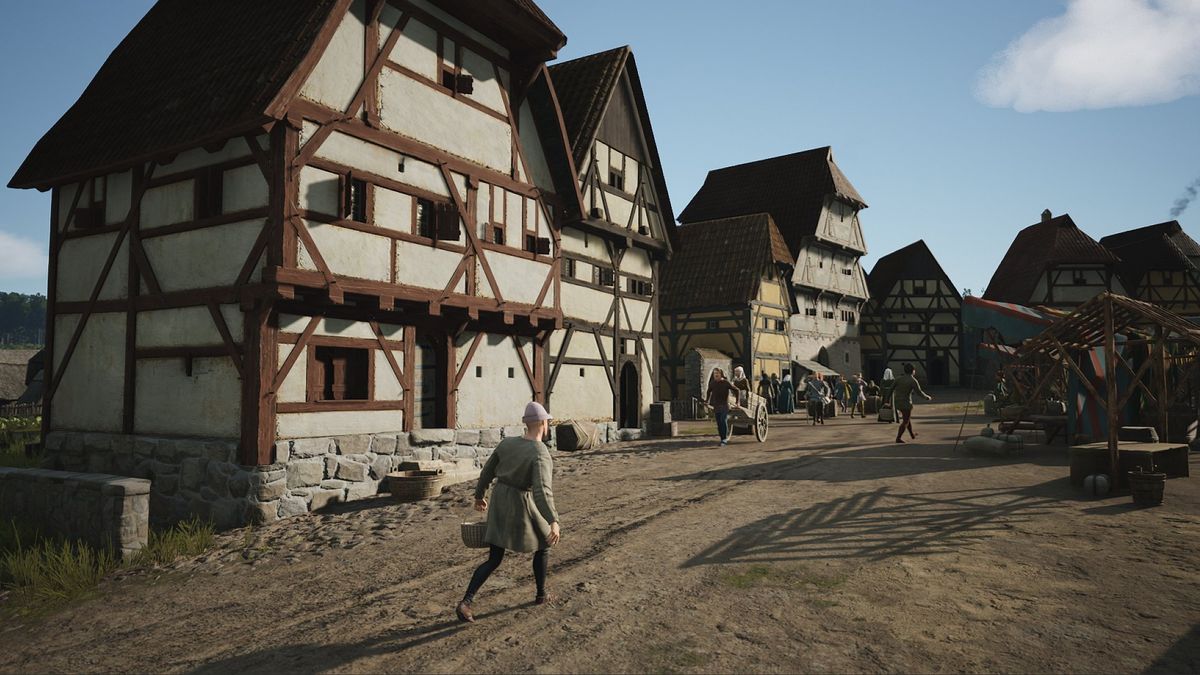 Manor Lords tavern - Peasants walking through town