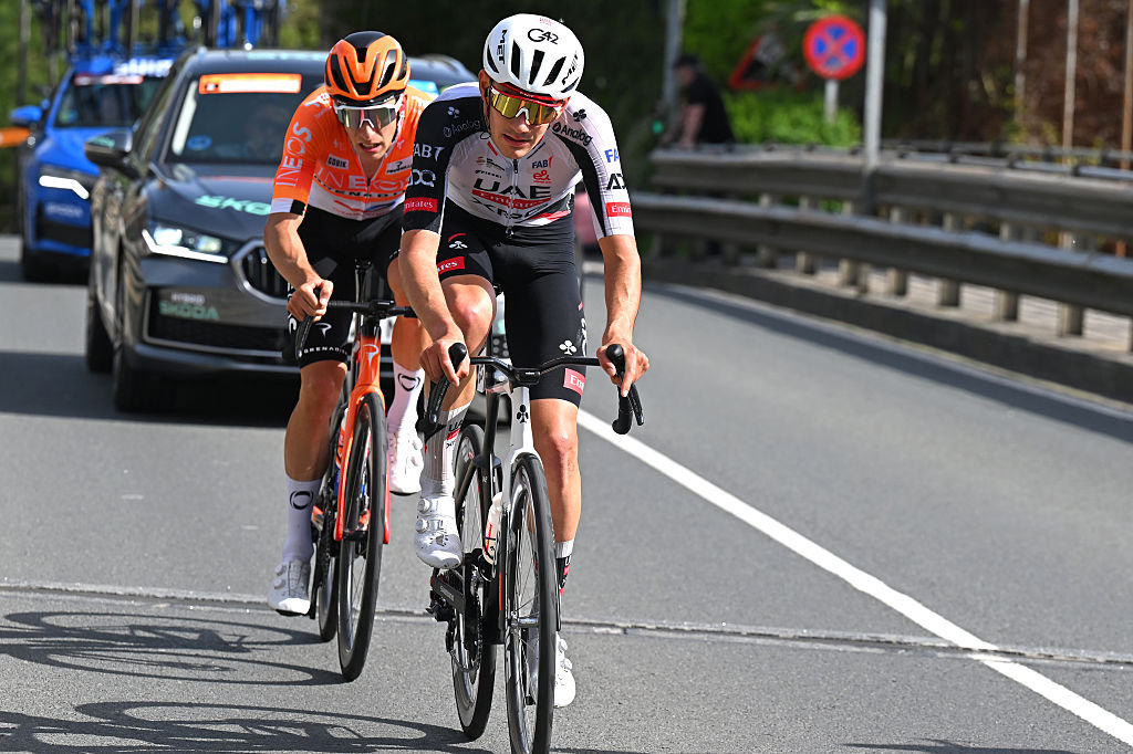 BASAURI, SPAIN - APRIL 08: (L-R) Axel Laurance of France and Team INEOS Grenadiers and Igor Arrieta of Spain and UAE Team Emirates - XRG compete in the breakaway during the 65th Itzulia Basque Country 2026, Stage 3 a 152.8km stage from Basauri to Basauri / #UCIWT / on April 08, 2026 in Basauri, Spain. (Photo by Tim de Waele/Getty Images)