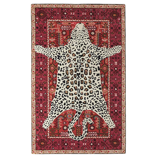 A red rug with a cheetah printed on it