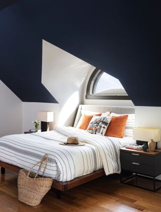 Bedroom with white walls and dark blue painted ceiling