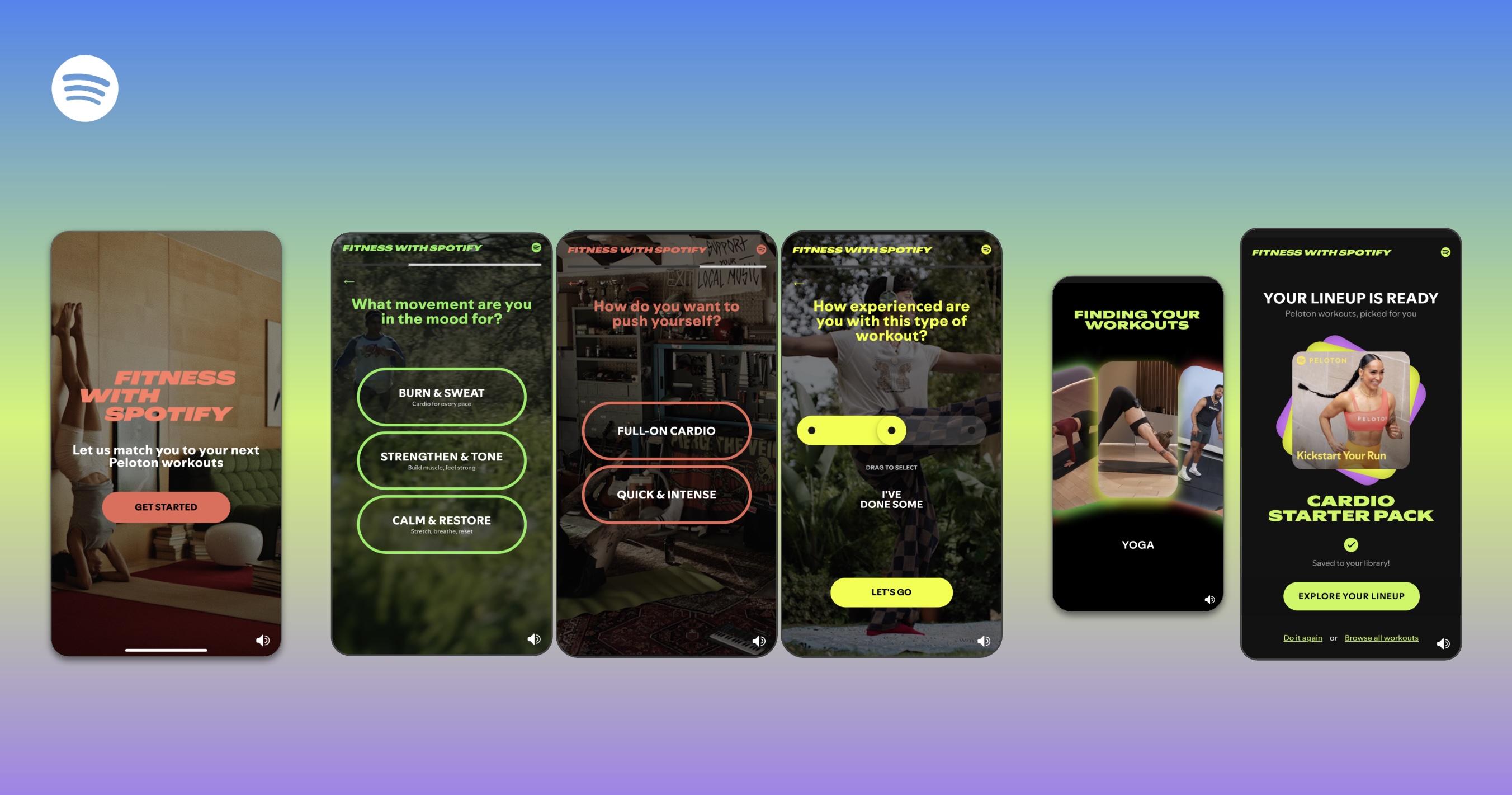 A graphic showing the onboarding process for Spotify's new Fitness hub