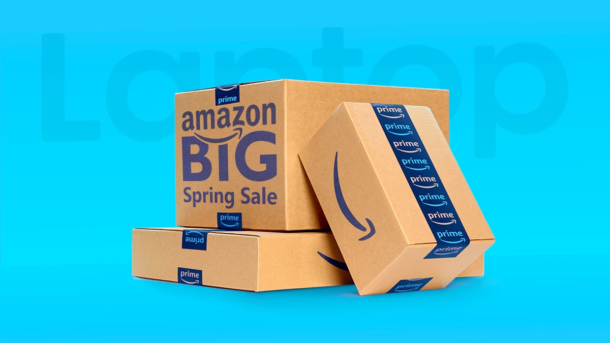 Image of Amazon Prime delivery boxes with the words &#039;Amazon BIG Spring Sale&#039; printed on one side, the Laptop Mag logo is faintly present in the blue background.