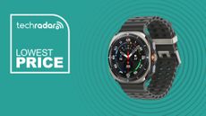 Samsung galaxy watch ultra on a turquoise background with the text "lowest price2