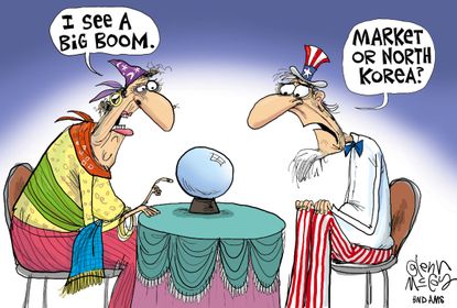 Political cartoon U.S. New Year 2018 economy stocks North Korea nuclear weapons