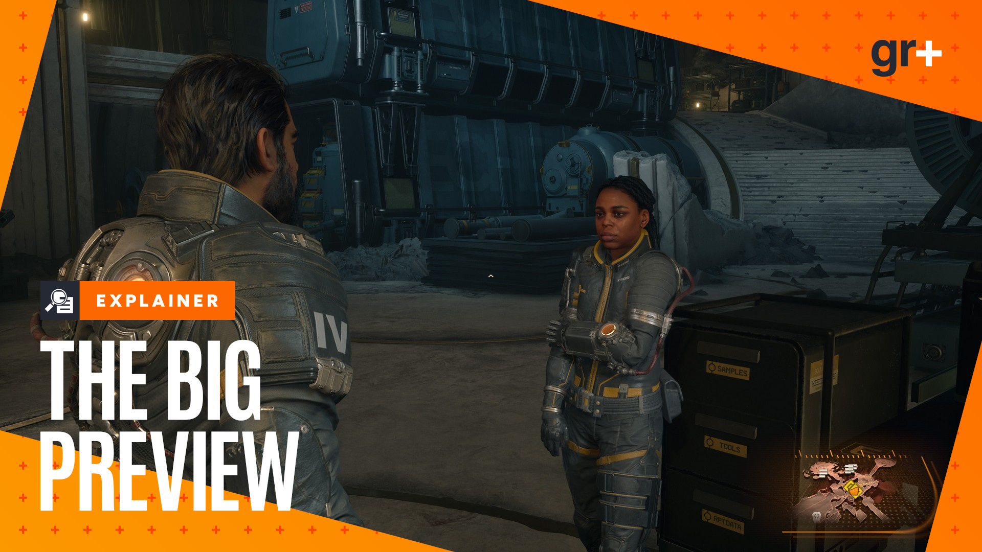 Arjun speaks with a crew member in The Passage in Saros, with the GamesRadar+ Big Preview frame