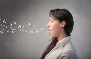 An artist's image shows sounds spilling from a woman's mouth.