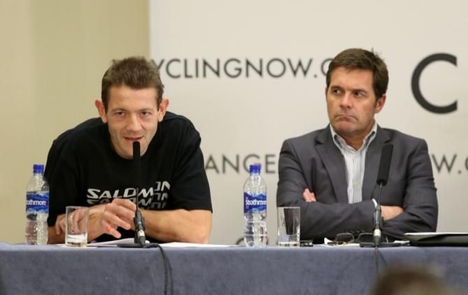 Former professional Christophe Bassons speaks at the Change Cycling Now press conference