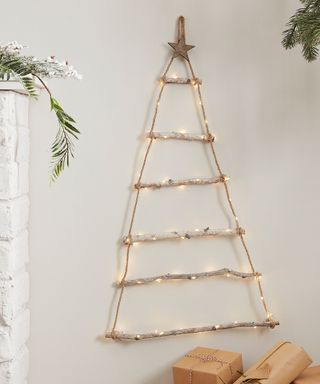 Wall wooden Christmas tree with fairy lights