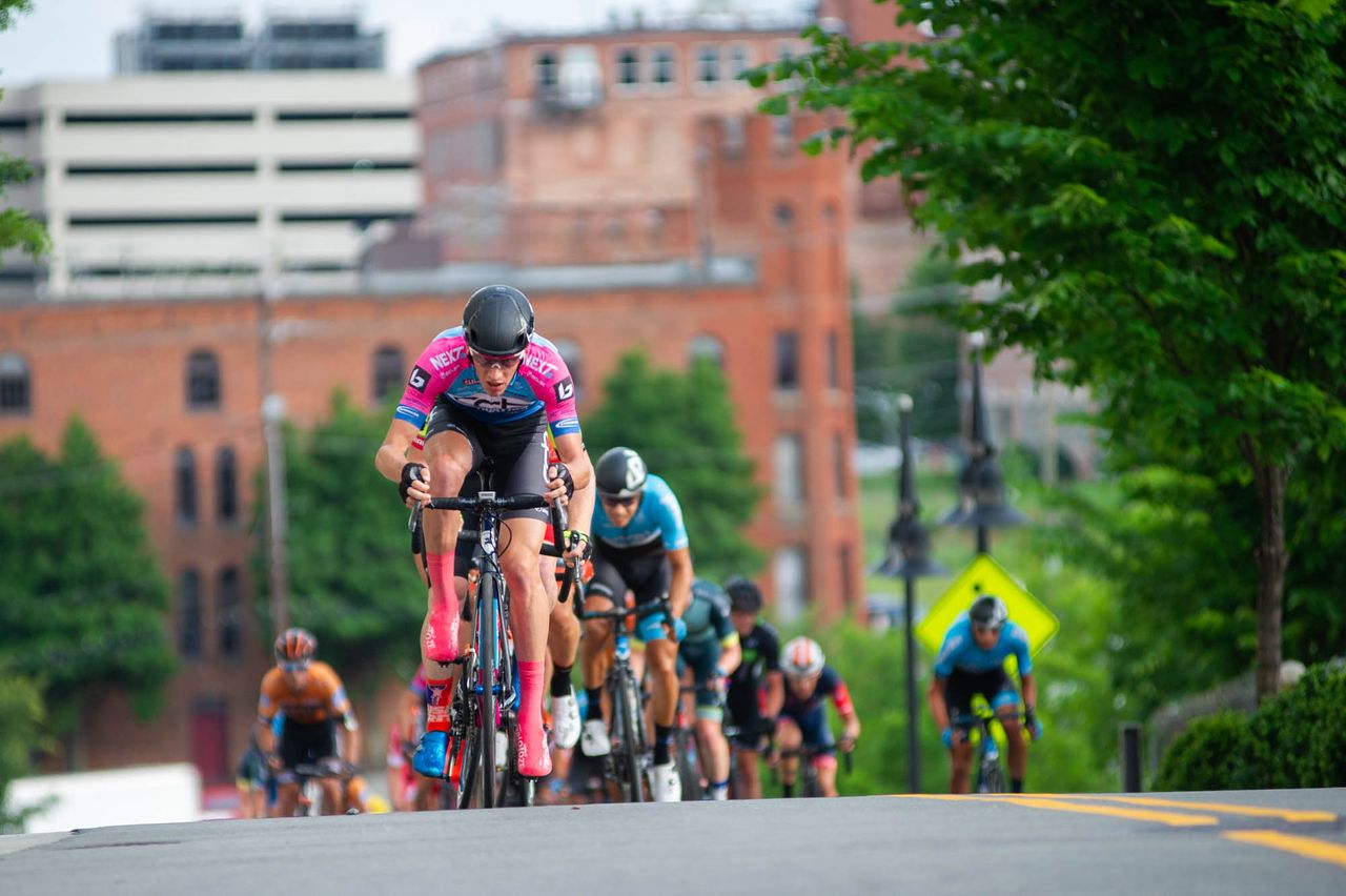An attack at the front of the mens field during the Winston-Salem Cycling Classic